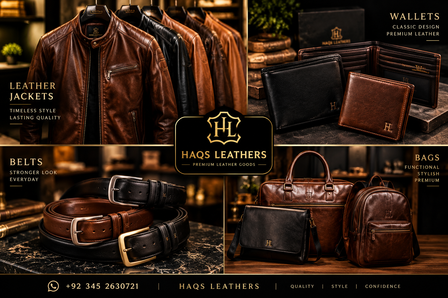 Haqs Leathers premium leather wallets, bags, jackets and belts. WhatsApp +92 345 2630721
